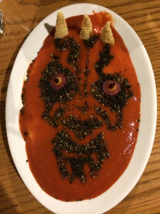 Chips & Sith a.k.a. Darth Maul Hummus – hummus with red pepper coulis, black sesame dust, and corn tortilla chips