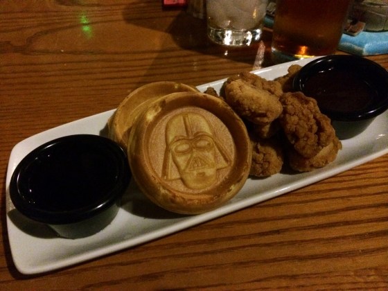 The Dark Fried – Chicken and Darth Vader waffles served with maple syrup and sweet barbecue sauce